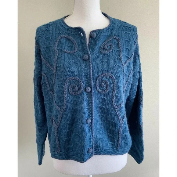 Amazonias Sweater Vintage Cardigan Alpaca Wool Teal Blue Small S - Picture 1 of 5